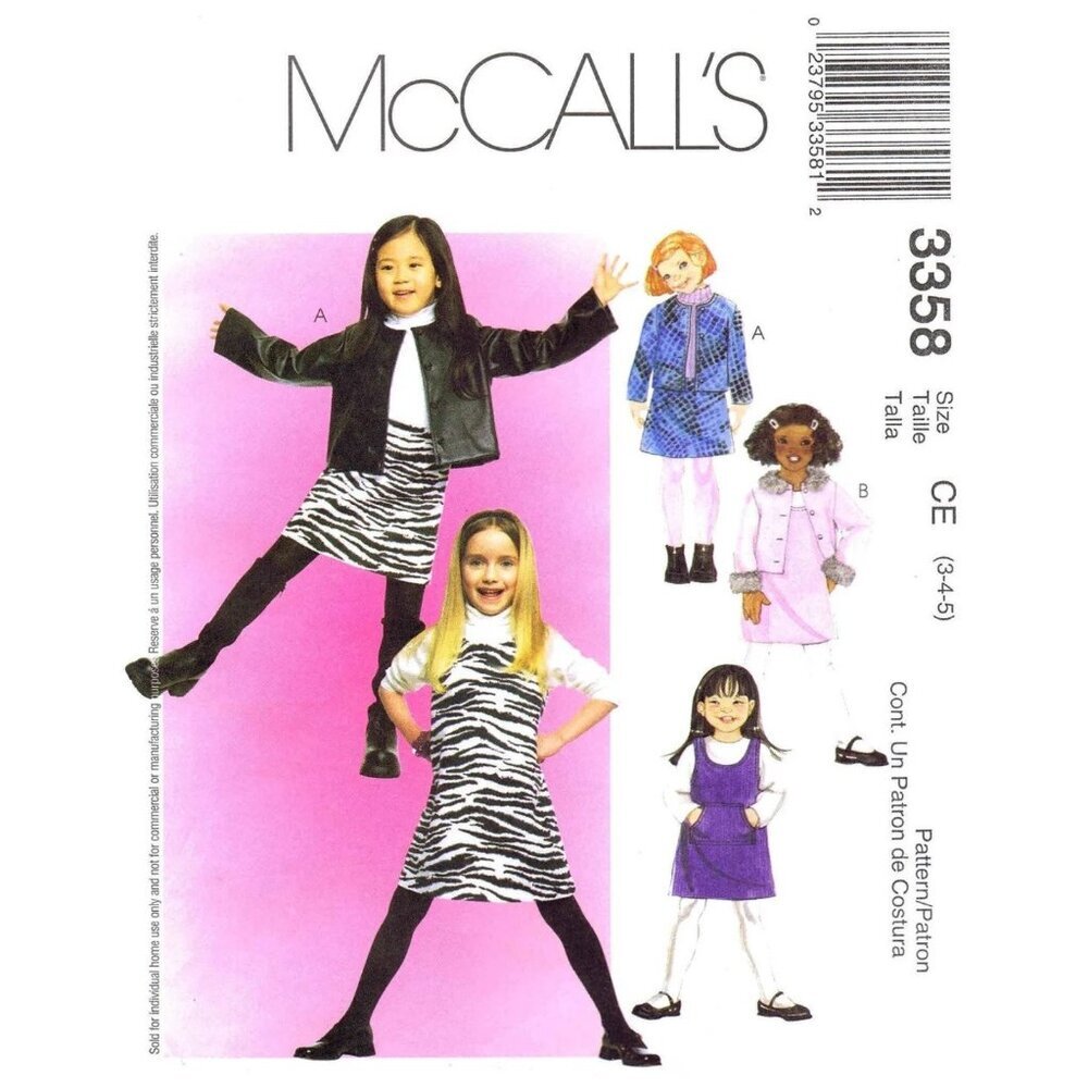 McCalls 3358 Girls Sewing Pattern CE (3-4-5) For Jumper Jacket & Skirt School